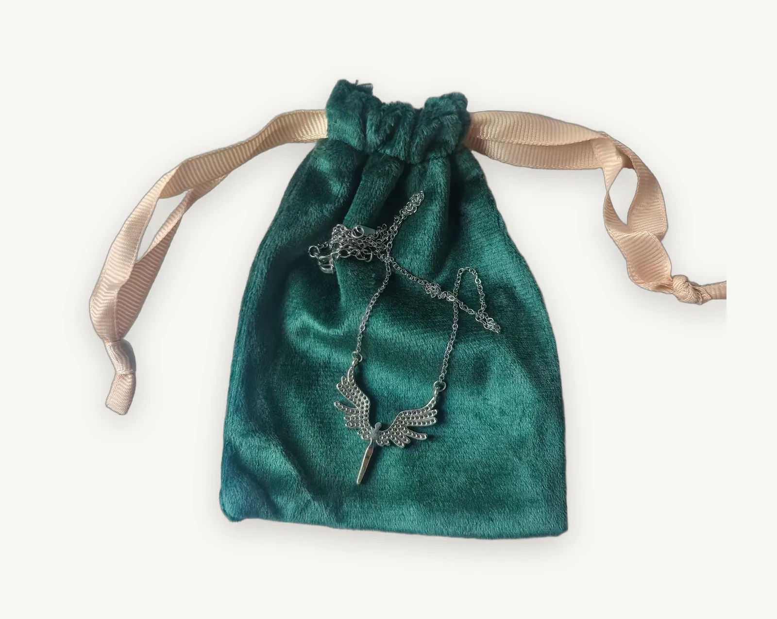 Custom Emerald Green Velvet Drawstring Jewelry Pouch with Silver Wing Necklace